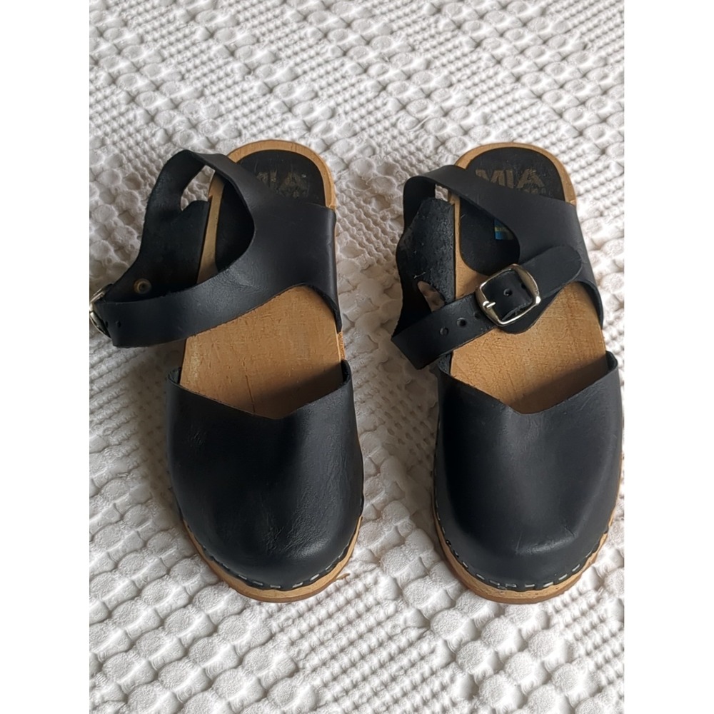 Mia Sofia Wooden Clogs Leather Buckle Sandals Buckle Size 8 US 38 EU Black Tan